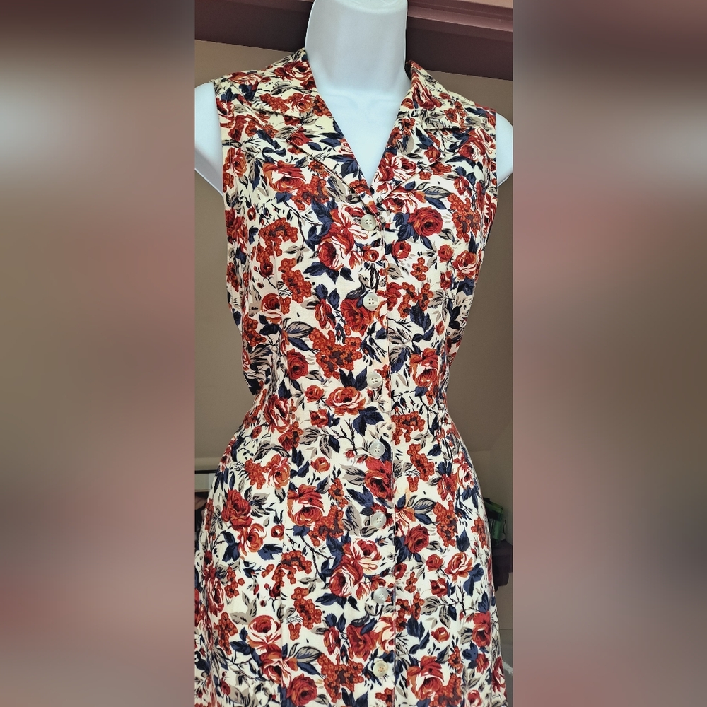 1990s JONATHAN MARTIN Off-White Floral Sundress Fitted Tie Back Tank Maxi Dress - Picture 4 of 16
